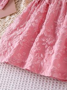 2pcs Baby Girl Sweet Bowknot Floral Trim Sleeveless Pink Jacquard Dress With Hair Scrunchie, Summer