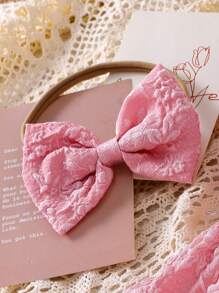 2pcs Baby Girl Sweet Bowknot Floral Trim Sleeveless Pink Jacquard Dress With Hair Scrunchie, Summer