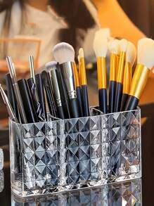 1/2pcs Diamond Pattern Acrylic Makeup Organizer - 3 Compartment Clear Makeup Brush Holder And Pen Cup, Suitable For Brushes, Lipsticks, And Pencils - Perfect For Bathroom, Bedroom Vanity, And Office Desk Home Bathroom Decor Bathroom Organizer Summer Makeup Organizer