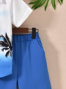 Vihyde 3pcs Set Tween Boy Tropical Coconut Tree Print Short Sleeve Shirt + Shorts + Bucket Hat - Royal Blue - View 6
