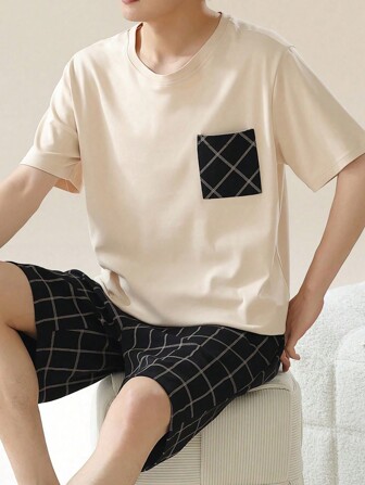 AICJ 2 件男士纯色休闲宽松简约短裤 + 短袖圆领 T 恤家居服睡衣套装，春夏