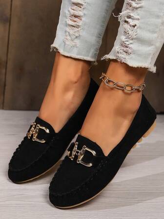 秋冬新款一脚蹬乐福鞋，纯色，百搭舒适，透气，金属扣装饰，手工帆布女式平底船鞋，适合日常通勤，黑色，女士运动鞋