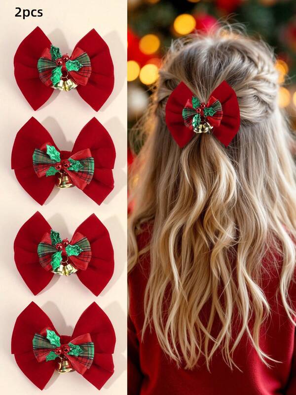 2 szt. bordowych kokardek do włosów na Boże Narodzenie i Nowy Rok dla dziewczynek, aksamitne spinki do włosów z motylkami, spinki do włosów dla dzieci, spinki krokodylkowe, akcesoria do włosów dla maluchów, prezenty na jesień i zimę