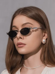 1pc Women's Oval Tiny Frame Personalized Rhinestone Studded Metal Design Vintage Elegant Luxe Punk Chic European & American Fashion Statement Party Glasses For Summer Beach Vacation, Outdoor, Travel - Multicolor - View 2