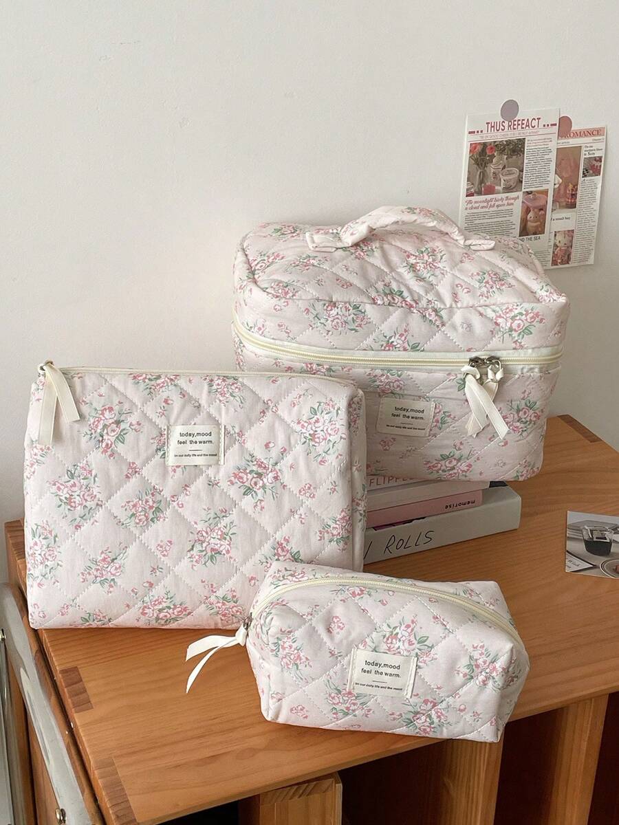 Vb1Pc/Set Flower Bouquet Pattern Pink Makeup Bags Cosmetic Bag Quilted Makeup Bag Pencil Case Wallet Purse Zipper Multi-Functional Storage - Multicolor - View 1