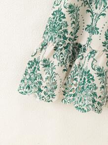 年轻女孩花卉印花荷叶袖褶皱连衣裙 - 綠色 - 查看 3