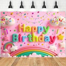 Telón de fondo de pared con tema de nubes arcoíris y estrellas para cumpleaños, decoración festiva alegre de color rosa, adecuada para celebración de pastel y fotografía de eventos - Multicolor - Ver 7
