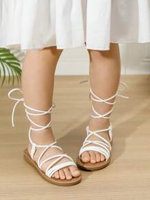 1 par de sandalias de playa con atadura para niñas, para primavera/verano - Blanco - Ver 2