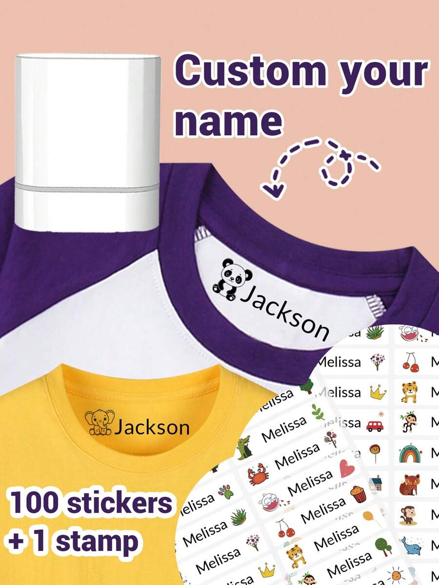 1pc Stamp+100 Name Stickers- Custom Name Stamp For Kids Clothing Waterproof Back To School Supplies For Kids,The Name Stamp Personalized For Clothes ,Handwritten Signature Stamp,Personalized Clothing Stamps For Clothes, DIY Customized Cartoon Self Inking Name Seal Stamp For Business Use Back To School Supplies Student Stationery Gift - White - View 1
