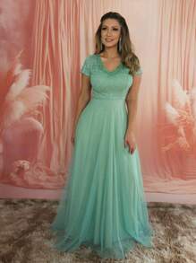 Grife Velasco Long Elegant Evangelical Bridesmaid Dress With Shiny Sleeves - 薄荷綠 - 查看 7