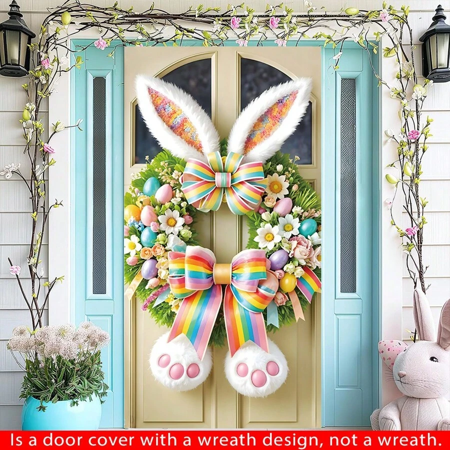 Happy Easter Rabbit Wreath Door Decor - Polyester, Vibrant Spring Farmhouse Decoration For Front Door & Porch, Perfect For Party Banner & Photo Backdrop - 1 - View 1