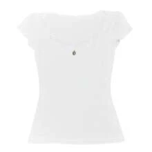 Women Y2K Lace Trim Pointelle Crop Tops Scoop Neck Short Sleeve T Shirts Baby Tee Aesthetic Clothes Going Out - 白色 - 查看 1