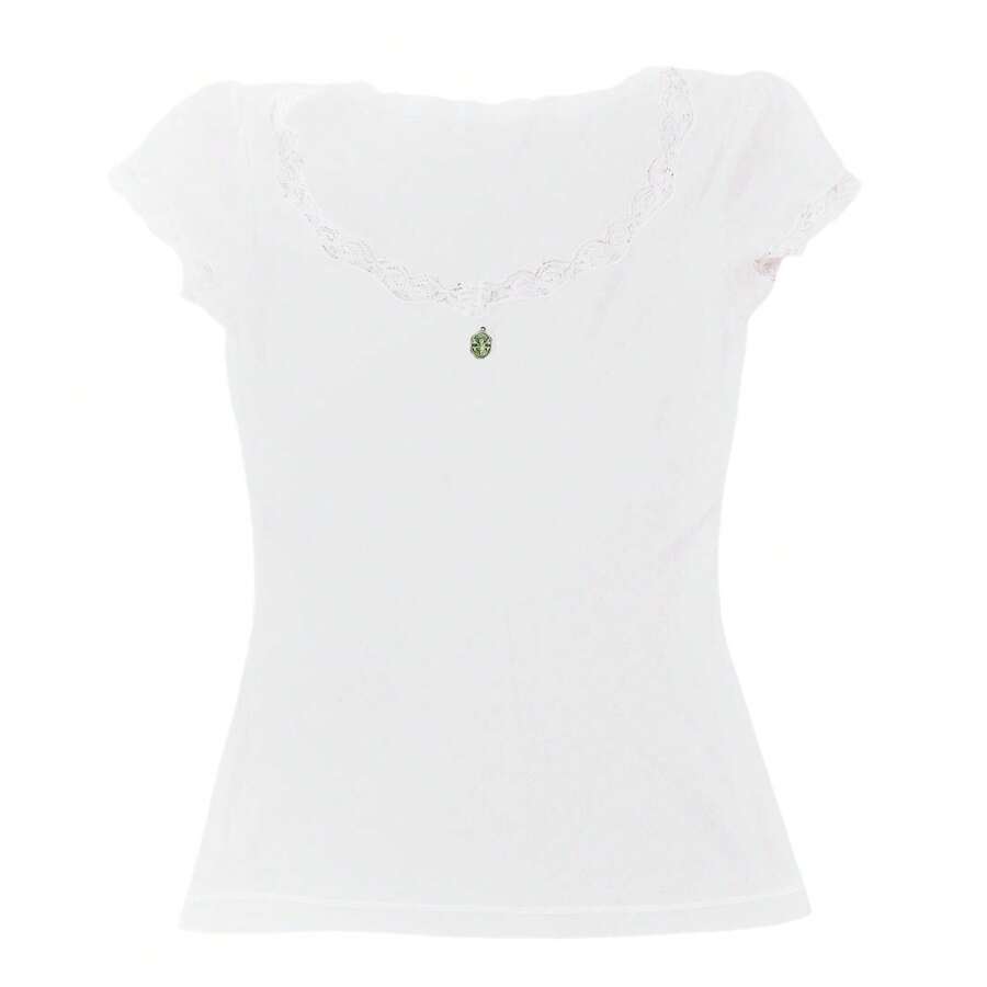 Women Y2K Lace Trim Pointelle Crop Tops Scoop Neck Short Sleeve T Shirts Baby Tee Aesthetic Clothes Going Out - 白色 - 查看 1