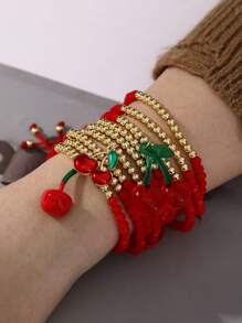 1pc Valentine's Day Y2K Creative Fashion Elegant Multi-Layer Resin Copper Cherry Strawberry Beaded Pendant Woven Bracelet Maas Red Lady Husband And Wife Sisters Couples Jewelry Gifts, Suitable For Daily Gifts Party Date Party Festival Wear Red Jewelry Adjustable Size,Mom,Mother,Mother's Day,Gift
