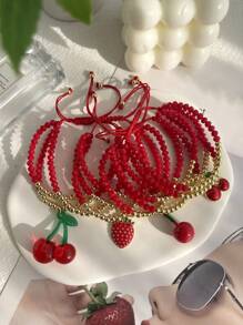 1pc Valentine's Day Y2K Creative Fashion Elegant Multi-Layer Resin Copper Cherry Strawberry Beaded Pendant Woven Bracelet Maas Red Lady Husband And Wife Sisters Couples Jewelry Gifts, Suitable For Daily Gifts Party Date Party Festival Wear Red Jewelry Adjustable Size,Mom,Mother,Mother's Day,Gift
