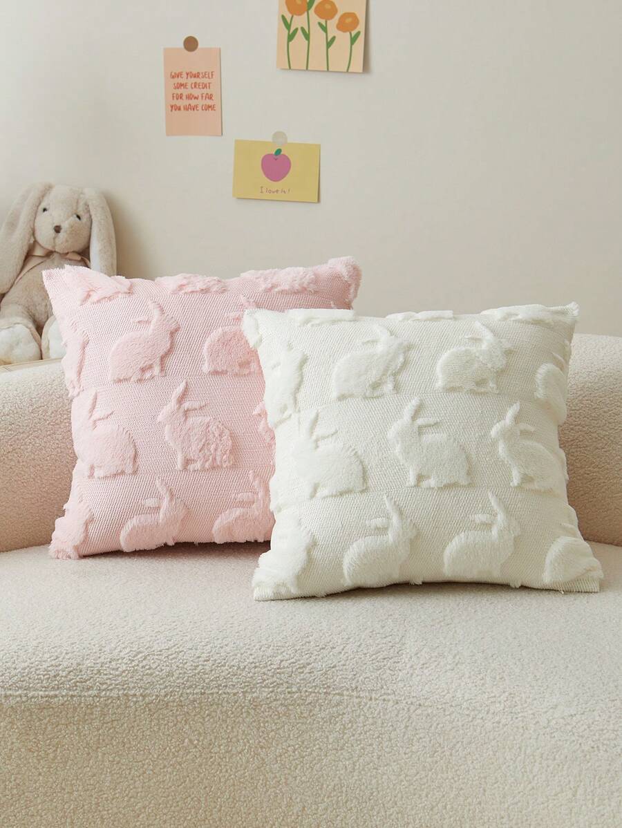 1pc Easter Pink Rabbit Embroidered Decorative Pillow Cover, Suitable For Indoor Decor, Easter Decoration Cushion Cover, Pillow Insert Not Included - Pink - View 1