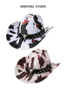 1 件女式牛印花天鹅绒帽子，带铆钉装饰，新款时尚男女通用牛仔西部爵士帽，适合日常服装、旅行、户外、多功能和