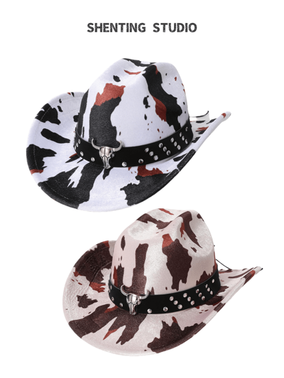 1 pieza Sombrero de mujer de terciopelo con estampado de vaca y decoración de remaches, nuevo sombrero vaquero/western de estilo unisex de moda, apto para looks diarios, viajes, uso al aire libre, versátil