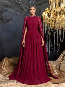 Faeriesty 复古优雅水钻细节高领雪纺正式斗篷连衣裙和长裙和中裙 - 酒紅色 - 查看 4