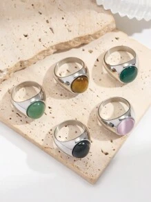 1 peça de cristal natural incrustado em aço inoxidável prateado, ágata, ágata verde, olho de tigre, anel de olho de gato sintético, adequado para presente de casal no dia dos namorados, uso diário para mulheres, mãe, mãe, dia das mães, presente