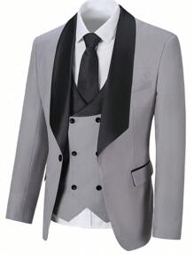 Furuyal Men's Suits Gentleman Solid Slim Fit Business 3 PiecesSuit For Men Blazer Double Breasted Vest Pants Set Party Wedding Prom Light Gray Size XS-3XL