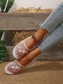 Pantuflas tipo mule sin respaldo para mujer, planas con bordados de malla transpirable, sandalias deslizantes blancas elegantes y casuales para interiores/exteriores, cómodas sandalias planas - Blanco - Ver 2