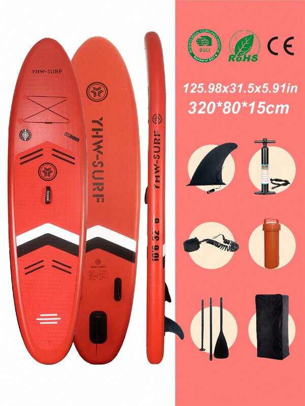 1 set rode opblaasbare stand-up paddleboards, inclusief alle accessoires: handpomp, afneembare peddel, leash, rugzak, afneembare vin en reparatieset