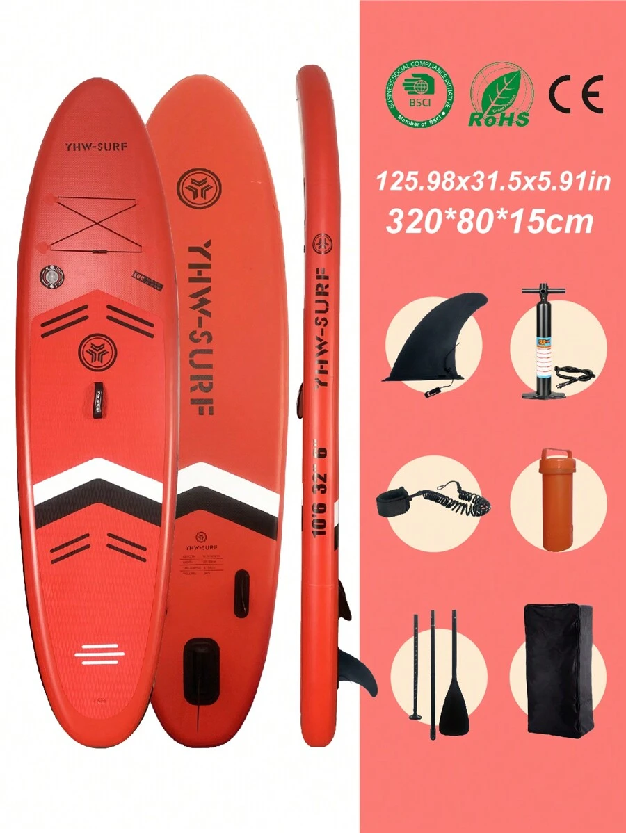 YHW-SURF 1 Set Red Inflatable Stand Up Paddle Board, Includes Full Accessories: Hand Pump, Detachable Paddle, Leash, Backpack, Removable Fin And Repair Kit