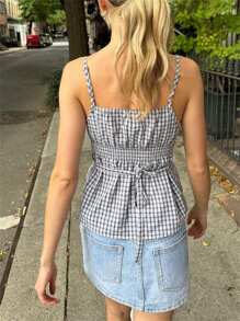 Women Y2k Fairy Grunge Crop Tank Tops Floral Print Lace Trim Camisole Fitted Scoop Neck Back Tie Waist Backless Spaghetti Strap Tank Tops Plaid Blouse Going Out Shirt Tops Summer Clubwear Vintage Streetwear Aesthetic Clothes - 灰色 - 查看 4