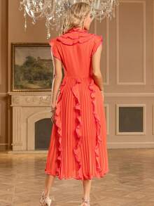 Elegant Pleated Ruffled Long Dress, Summer Dress, V-Neck Ruffled Waist Slimming A-Line Pleated Dress, Wedding Dress - Orange - View 6