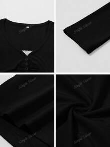 Simple Flavor Women's T-Shirt Y2K Fall Clothes Casual Daily Sexy Solid Color Lace Contrasting Color Slim Long Sleeve V-Neck Top