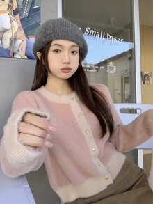女士春秋休闲撞色毛绒前扣开衫 - 粉色 - 查看 7