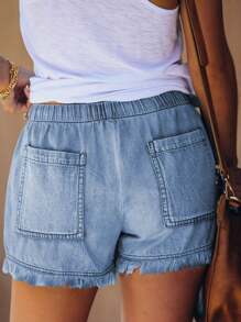 Womens Jean Shorts For Denim Casual Summer Drawstring Comfy Elastic Mid Waist Frayed Stretchy Ripped - Màu xanh nhạt - Xem 3