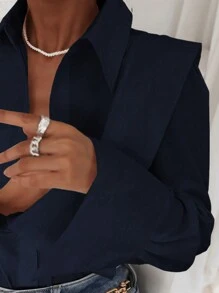 ELVA Women's French Loose Casual Solid Color Long Sleeve Shirt, Business Interview Commute Relaxed Simple Elegant Mature Style, Suitable For Winter, Spring, Summer, Autumn Seasons, Valentine's Day, New Year - Navy Blue - View 3