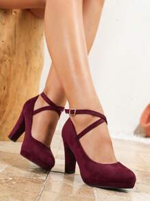 Women's Burgundy Crossover Strap Round Toe Chunky Heel Platform Pumps, Elegant Formal Office Dress Shoes
