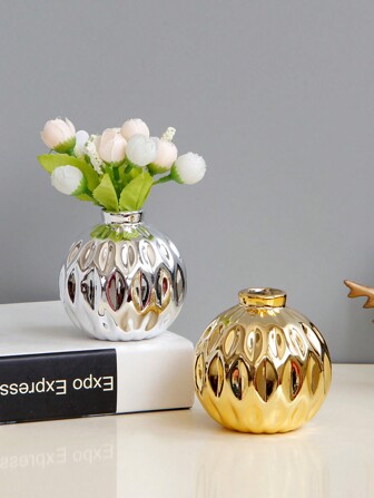 1pc Round Ceramic Vase, Gold/Silver Electroplated Luxury Style, Suitable For Flowers, Festival, Desk, Office, Bookshelf, Hallway, Living Room Decor Valentine's Day Home Decor Back To School School Supplies Flower Vase Glass Vase
