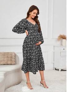 Vestido de chiffon de manga comprida com babados florais para maternidade primavera feminina