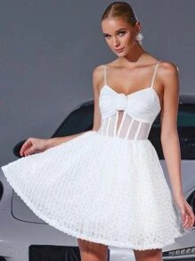 性感浪漫网眼腰线透明花卉细节露背派对礼服，适合鸡尾酒会/晚会、婚礼宾客礼服 - 白色 - 查看 1