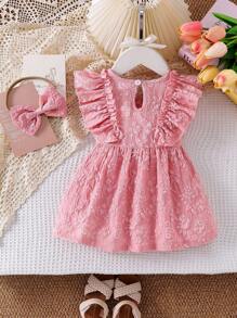 2pcs Baby Girl Sweet Bowknot Floral Trim Sleeveless Pink Jacquard Dress With Hair Scrunchie, Summer