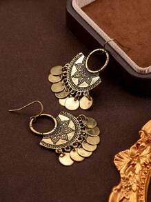 1 Pair Retro Chic Round Carved Pattern Disc Tassel Bohemian Style Unique Earrings - Bronze - View 1