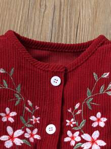 Cute Fuchsia Corduroy Embroidered Cap Sleeve Baby Girls' Long Dress - Burgundy - View 3