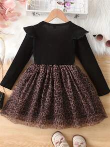 女孩罗纹盖袖豹纹网眼拼接连衣裙