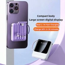 10000mAh 迷你可爱口袋大小 5V2A 快速充电便携式移动电源，小尺寸大容量，内置 4 合 1 可拆卸电缆，高速充电电池，兼容 6 7 8 X XR 11 12 13 14 15 Pro Max，兼容 Apple 、iPad、Android 手机，适合送给家人、朋友、孩子、生日、圣诞节、冬季电池礼物，适合送给母亲、家人、朋友、生日、夏季，适合户外玩耍、购物、旅行，便携式电源显示电池电量 - 紫色 - 查看 5