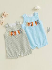 Toddler Girls Boys Clothes Ovrealls Rompers Easter Clothes Rabbit Carrot Embroidered Sleeveless Baby Bodysuits Jumpsuits - 藍色 - 查看 3