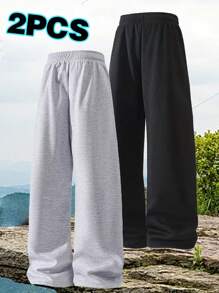 2pcs Men's Loose Casual Solid Color Drawstring Waist Pants, Spring/Summer, Comfortable For Outdoor Sports, Jogging, Fitness, Running, Basketball
