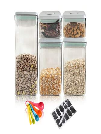 Juego de 5 Frascos para Alimentos con Tapa Hermética y Cucharas Medidoras