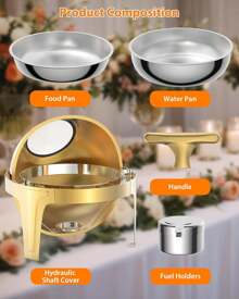 6.3 Quart Round Roll Top Chafing Dish Buffet Set, Stainless Steel Buffet Food Warmer Servers Chafer For Catering With Glass Window For Party Wedding Banquet Graduation Event, Gold - Gold - View 4
