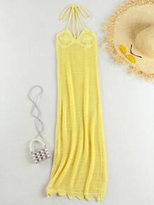Sexy Knit Handmade Crochet Dress Summer Spaghetti Strap Bodycon Holiday Y2k Knit Halter Valentine Day New Years Women Dress - Yellow - View 7