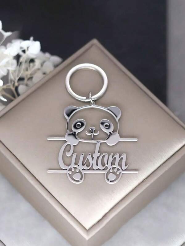 1 Stück personalisierter Schlüsselanhänger aus Edelstahl mit Panda-Design - individualisierter Name und Logo, süßes Tier-Design - ideales Valentinstags-Geschenk