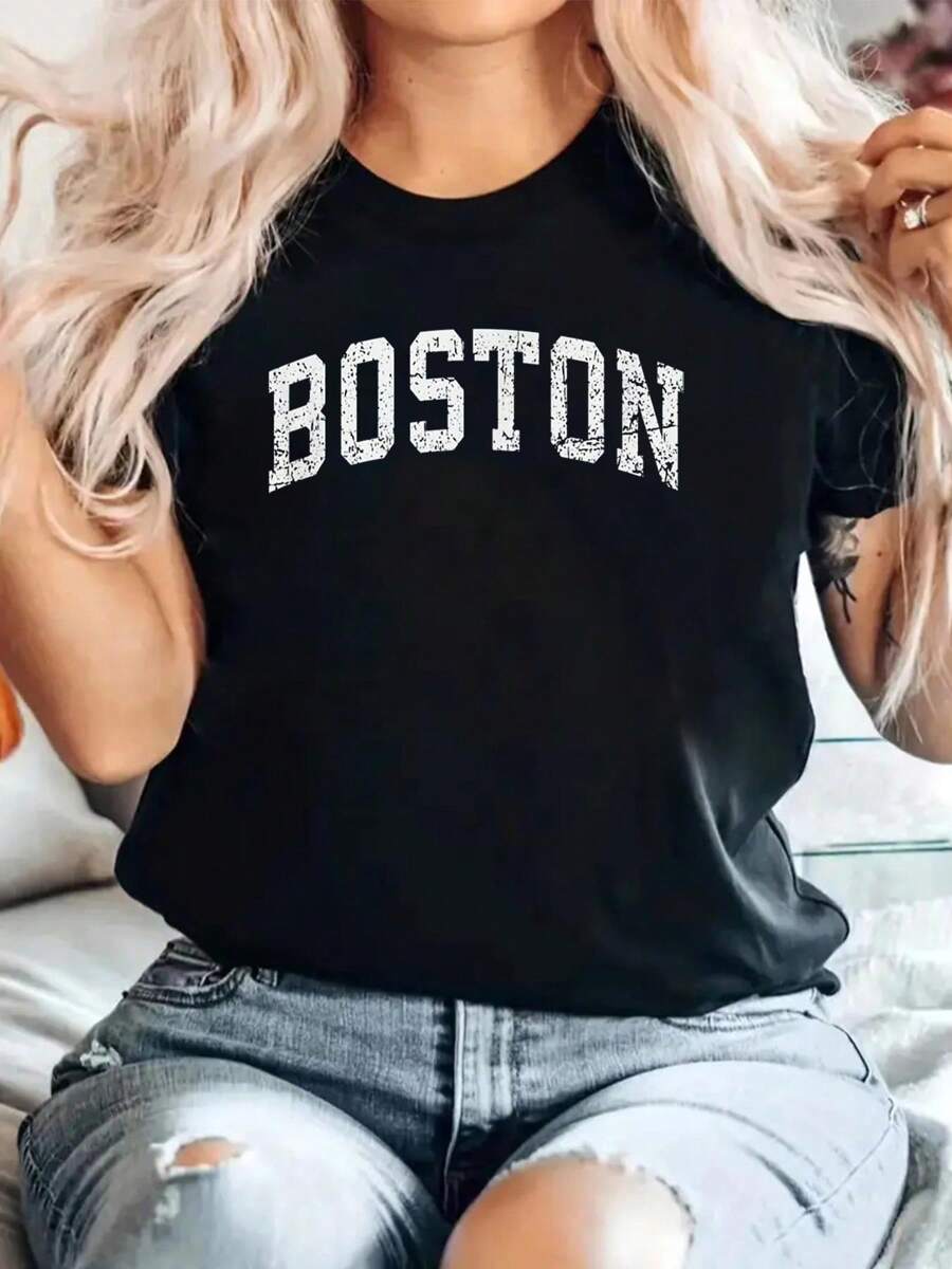 Distressed Boston T Shirt, Basic Vintage College Style Tee 100% Cotton, Breathable & Comfort Fit, Short Sleeve Crew Neck Top For All Seasons - 黑色 - 查看 1